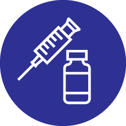 Illustration of white bottle and syringe icon in dark blue color circle 