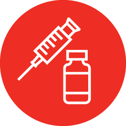 Illustration of white syringe and bottle icon in red color circle 