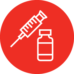 Illustration of white syringe and bottle icon in red color circle 