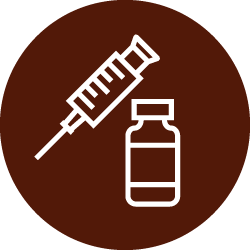 Illustration of white bottle and syringe icon in dark brown color circle 