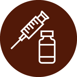 Illustration of white bottle and syringe icon in dark brown color circle 