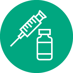 Illustration of white bottle and syringe icon in green color circle 