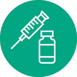 Illustration of white bottle and syringe icon in green color circle 