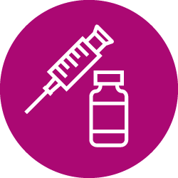 Illustration of white bottle and syringe icon in dark pink color circle 