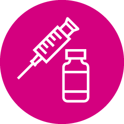 White outline illustration of bottle and cyringe on pink circle 