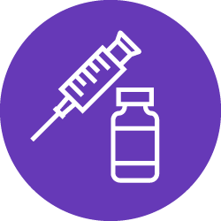 Illustration of white bottle and syringe icon in purple color circle 
