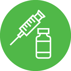 Illustration of white syringe and vaccination bottle in light green color circle 