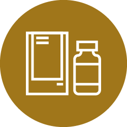 Illustration of white bottle and packaging icon in brown color circle 