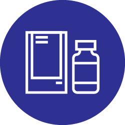 Illustration of white bottle and packaging icon in dark blue color circle 