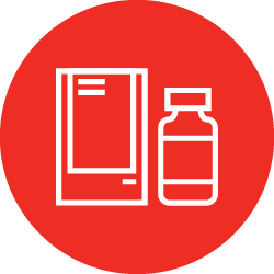 Illustration of white bottle and packaging icon in red color circle 