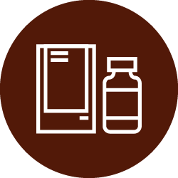 Illustration of white bottle and packaging icon in dark brown color circle 