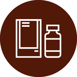 Illustration of white bottle and packaging icon in dark brown color circle 