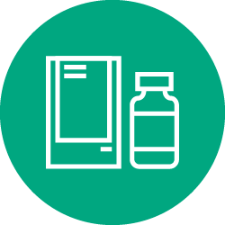 Illustration of white bottle and packaging icon in green color circle 