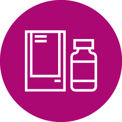 Illustration of white bottle and packaging icon in dark pink color circle 