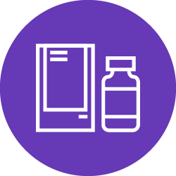 Illustration of white bottle and packaging icon in purple color circle 